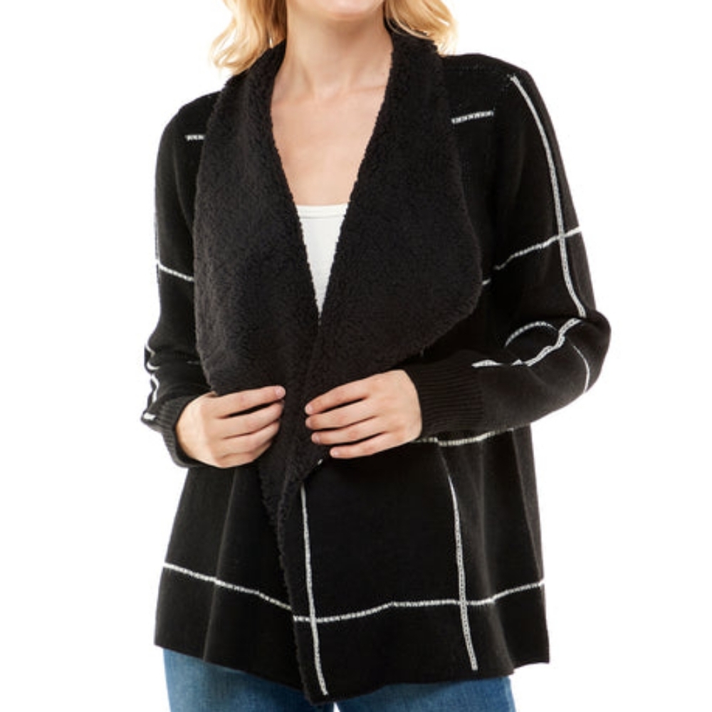 Adrienne Vittadini Black & White Geometric  Print Long Sleeve Cardigan Sweater